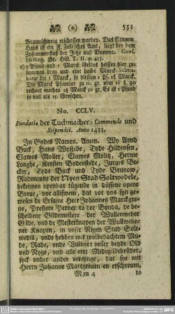 No. CCLV. Fundatio der Tuchmacher-Commende und Stipendii. Anno 1433