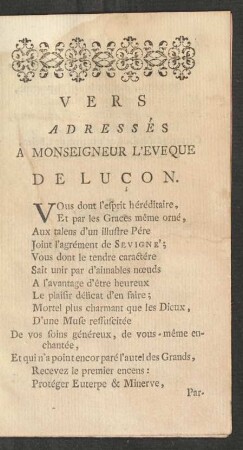 Vers Adressès A Monseigneur L`Eveque De Lucon.