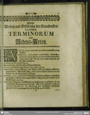 Kurtze Verfaß- und Erklärung der fürnehmsten Juristischen Terminorum und Redens-Arten
