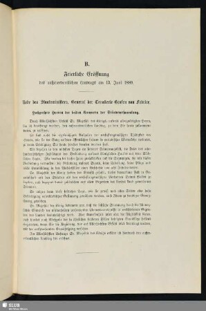 B. Feierliche Eröffnung des außerordentlichen Landtags am 13. Juni 1889