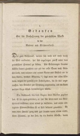 I. Gedanken über die Nachahmung der griechischen Werke in der Malerey und Bildhauerkunst.