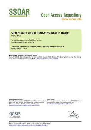 Oral History an der FernUniversität in Hagen