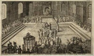 Thronsaal des Zaren in Moskau. Taf. n. S. 80 aus: Historisch verhael of beschryving van de voyage, gedaen onder de suite van den Heere Koenrad van Klenk ... 1677. Dresden: SLUB Hist.Russ.317