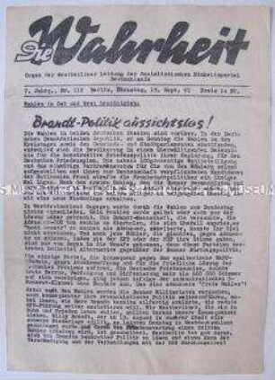 Hektografiertes Mitteilungsblatt der SED Westberlin (SEW) zur Lage in der Stadt nach dem "Mauerbau", zur Bundestagswahl und zu den Kommunalwahlen in der DDR