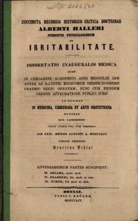 Succincta recensio historico-critica doctrinae Alberti Halleri principis physiologorum de irritabilitate