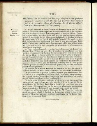 De l'action de la lumière sur les corps simples et sur quelques composés chimiques (extrait d'un rapport fait à la première classe de l'institut, le 13 février 1815; par MM. Berthollet et Thénard)