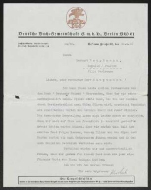 Brief von Julius Bab von Deutsche Buchgemeinschaft  an Gerhart Hauptmann