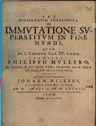Diss. theol. de immutatione superstitum in fine mundi