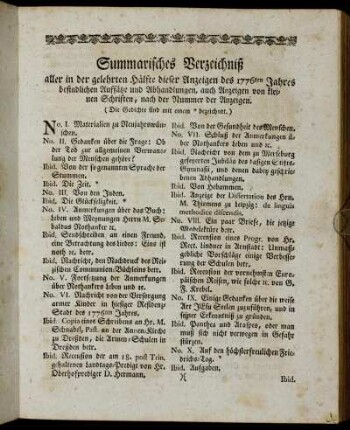 Summarisches Verzeichniß
