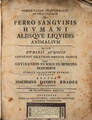 Diss. inaug. med.-chem. de ferro sanguinis humani aliisque liquidis animalium