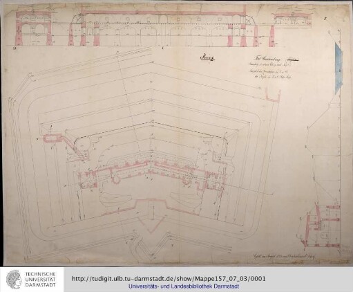 Mainz. Fort Gustavsburg. Grundriß der oberen Etage und Profile. Copirt im August 1863 von Oberlieutenant Scherf.