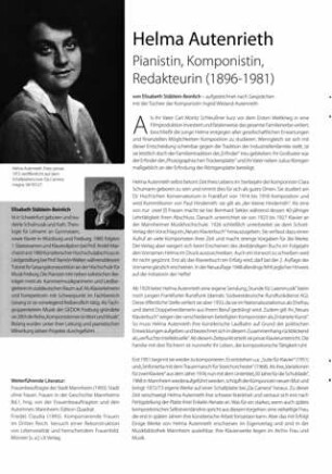 Helma Autenrieth : Pianistin, Komponistin, Redakteurin (1896- 1981)