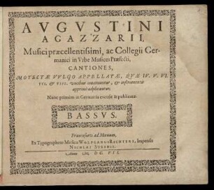 Cantiones, motectae vulgo appellatae ... IV. V. VI. VII. et VIII. vocibus ... Bassus