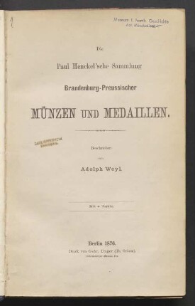 Die Paul Henckel'sche Sammlung brandenburg-preussischer Münzen und Medaillen ; Abt. 1 - 3