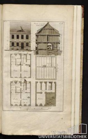 Bl. 2, No. II. Profil nach der Linie A. B. 2te Etage A, Balkenlage, 1te Etage B, Souterrain.