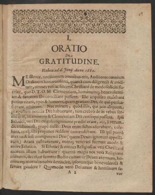 I. Oratio De Gratitudine. Habita ad d. Junij Anno 1660.