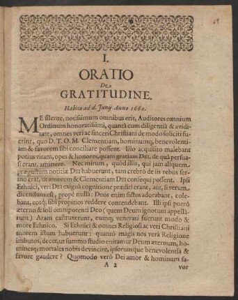 I. Oratio De Gratitudine. Habita ad d. Junij Anno 1660.