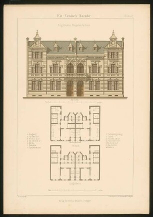 Eingebautes Doppelwohnhaus: Grundrisse und Ansicht (aus: Ein-Familien-Häuser, entworfen und gezeichnet von Hermann Bethke)