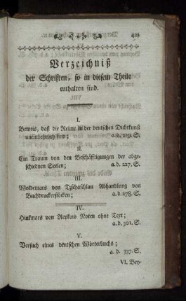 Verzeichniß der Schriften, so in diesem Theile enthalten sind.