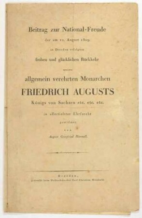 Konvolut mit Ehrengedichten für König Friedrich August I. den Gerechten von Sachsen 1809 bis 1818 und Denkmalsenthüllung 1843, aus der Mappe "Denkwürdigkeiten aus Zeitungen"