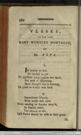 Verses, To The Lady Mary Wortley Montague, By Mr. Pope