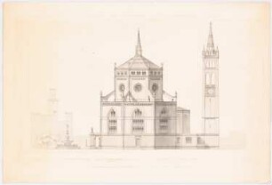 Werke der höheren Baukunst, Darmstadt 1856. Zentralkirche mit Campanile. Entwurf Nikolaikirche, Hamburg: Ansicht