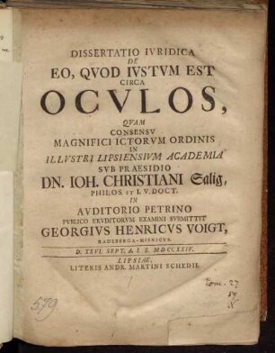 Dissertatio Ivridica De Eo, Qvod Ivstvm Est Circa Ocvlos