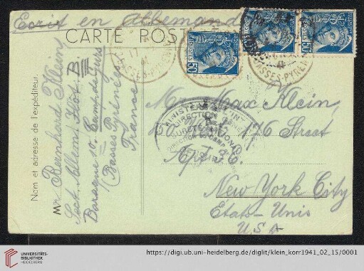 Korrespondenz von Alice und Ludwig Klein: Brief von Bernhard Klein an Max Klein