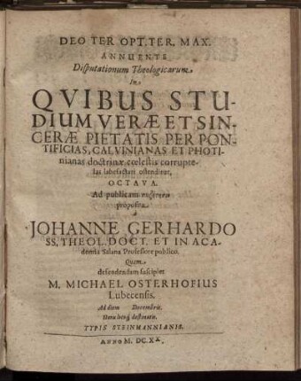 ... Disputationum Theologicarum ... Octava.