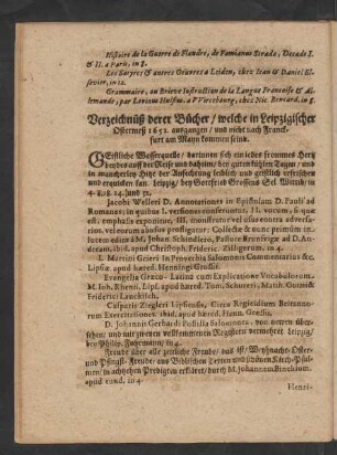 Verzeichnüß derer Bücher/ welche in Leipzigischer Ostermeß 1652. ausgangen/ und nicht nach Franckfurt am Mayn kommen seind.