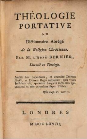 Théologie portative : ou Dictionnaire abrégé de la Religion Chrétienne