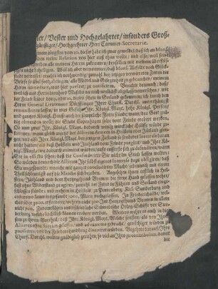 [...]ler/ Vester und Hochgelahrter/ insonders Groß-[...] [...]günstiger/ Hochgeehrter Herr Cammer-Secretarie.
