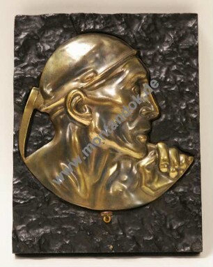Kohlekeramikplakette mit "Tête de mineur" von C. Meunier aus Messing