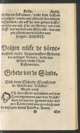 Volgen Etlike de vörnemesten unde bequemesten Gebede der hilligen Veders ... Gebede vor de Sünde.