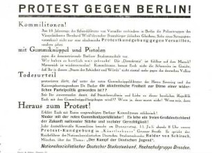 "Protest gegen Berlin". Flugblatt des Nationalsozialistischen Studentenbundes - Hochschulgruppe Dresden (1927)
