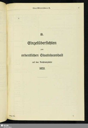 B. Einzelübersichten zum ordentlichen Staatshaushalt auf das Rechnungsjahr 1920