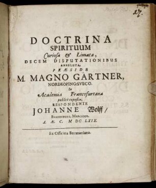 Doctrina Spirituum Curiosa & Limata, Decem Disputationibus Absoluta