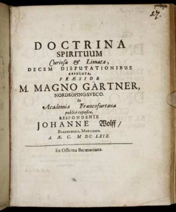 Doctrina Spirituum Curiosa & Limata, Decem Disputationibus Absoluta