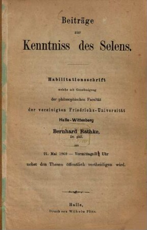 Beiträge zur Kenntniss des Selens : Habilitationsschrift