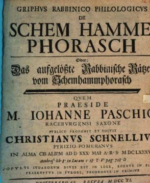 Griphus Rabbinico-philologicus de Schem Hammephorasch