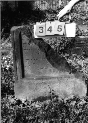 Grabstein 345 (Index: 99791739) Material: Sandstein Zustand: leicht verwittert mit Textverlust, größter Teil der Stele weggebrochen Maße HxBxT: 83x69x14 cm Beschreibung: Stele, Schriftfeld eingetieft: Grabstein 345