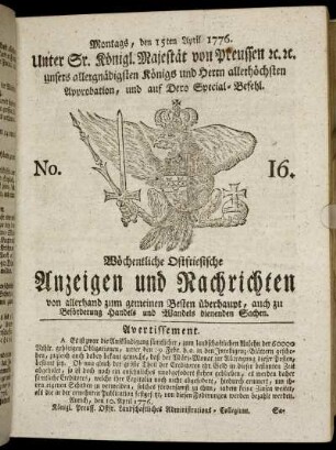 No. 16. Montags, den 15ten April 1776.