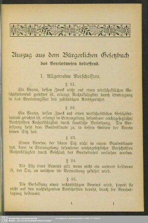 Auszug aus dem Bürgerlichen Gesetzbuch das Vereinswesen betreffend