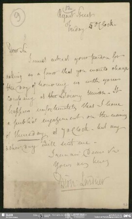 Eigenh. Brief von Dionysius Lardner an August Wilhelm von Schlegel, London, ohne Datumsangabe
