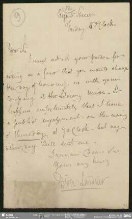 Eigenh. Brief von Dionysius Lardner an August Wilhelm von Schlegel, London, ohne Datumsangabe