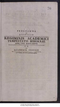 Programma In Avspicio Regiminis Academici Tempestatis Hibernae Ann. Chr. MDCCXXVII. : P. P. In Academia Ienensi