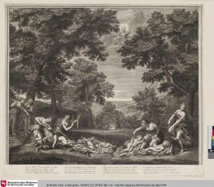 De ses Nimphes, Diane assemble icy l'élite; [Nymphen stehlen Pfeile und Bogen von den schlafenden Putten]