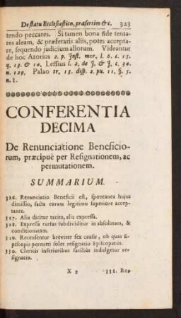 Conferentia Decima De Renunciatione Beneficiorm, praecipuè per Resignationem, ac permutationem