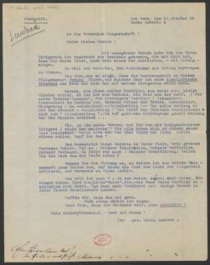 Brief an Männergesangverein Frauenlob (Mainz) : 14.10.1925