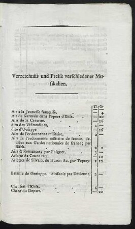 Verzeichniß und Preise verschiedener Musikalien